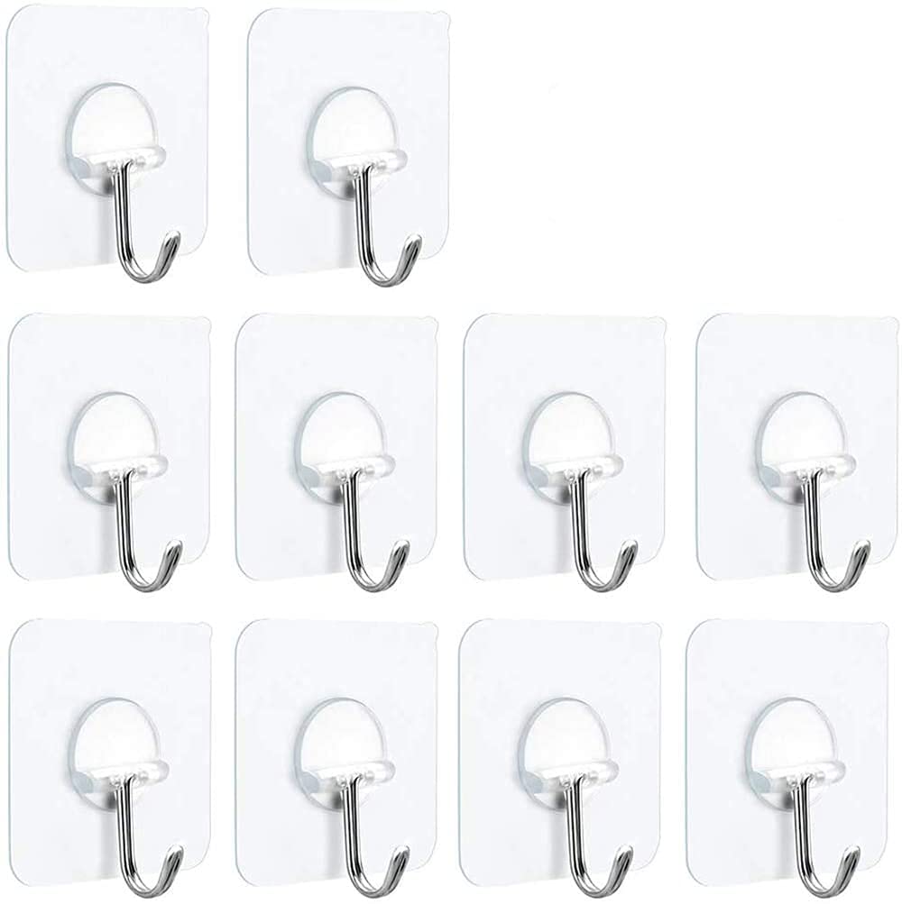 Adhesive Hooks Heavy Duty 15lbs(Max) Transparent Wall Hooks Reusable Seamless Shower Hooks Stick on Hooks for Hanging Bathroom Kitchen Outdoors -10 Pack
