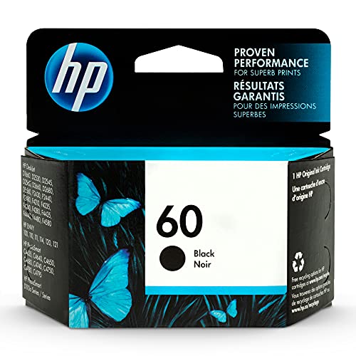 Original 60 Black Ink Cartridge | Works with DeskJet D1660, D2500, D2600, D5560, F2400, F4200, F4400, F4580; ENVY 100, 110, 120; PhotoSmart C4600, C4700, D110a Series | CC640WN