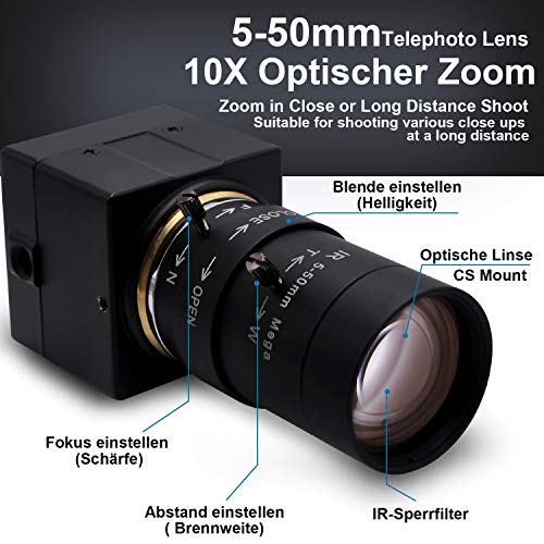10X Optical Zoom USB Camera with Manual Focus 5-50mm Varifocal Lens,5MP HD Webcam Mini Portable Video Camera with Aptina MI5100 Sensor,Desktop Computer Camera for Online Class/Video Conference