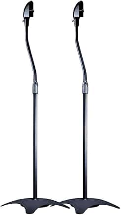 Black pair of adjustable satellite speaker stands