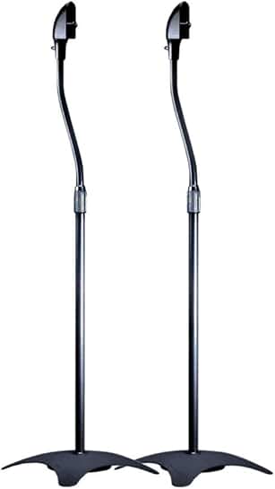 Black pair of adjustable satellite speaker stands