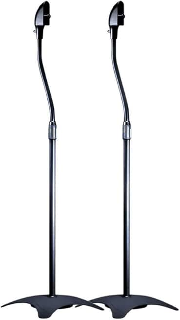 Black pair of adjustable satellite speaker stands