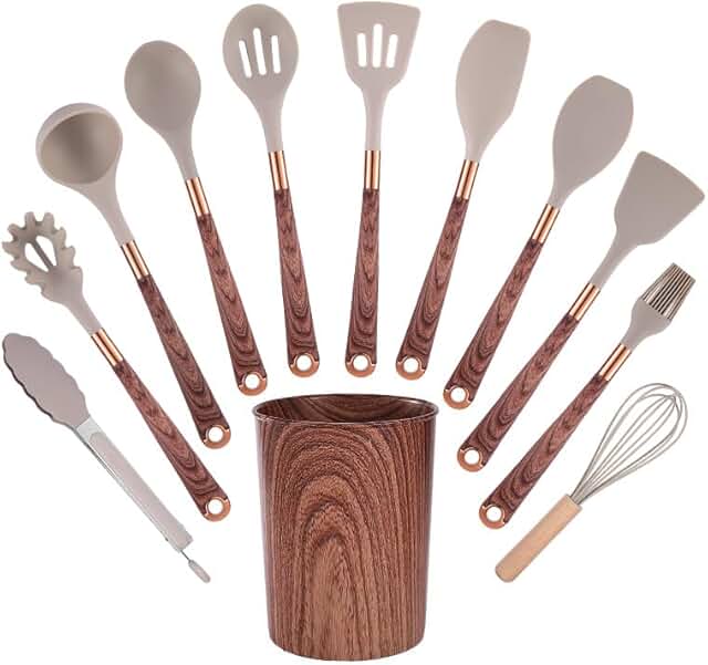 12-Piece Silicone Kitchen Utensil Set with Wood Handles