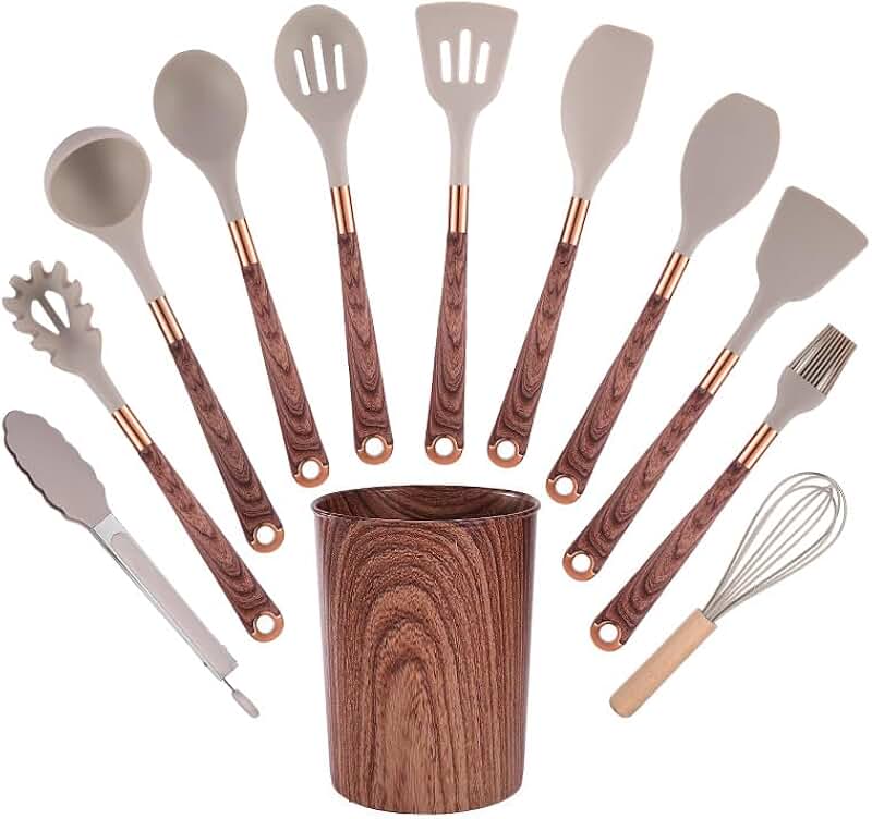 12-Piece Silicone Kitchen Utensil Set with Wood Handles