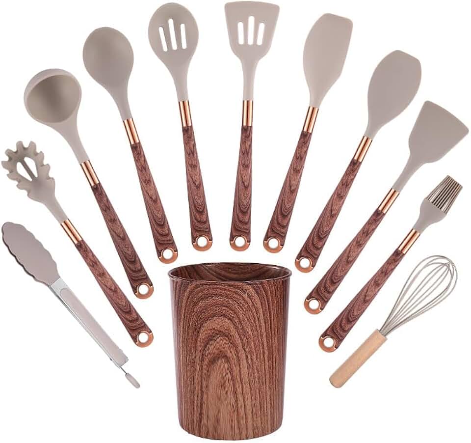 12-Piece Silicone Kitchen Utensil Set with Wood Handles