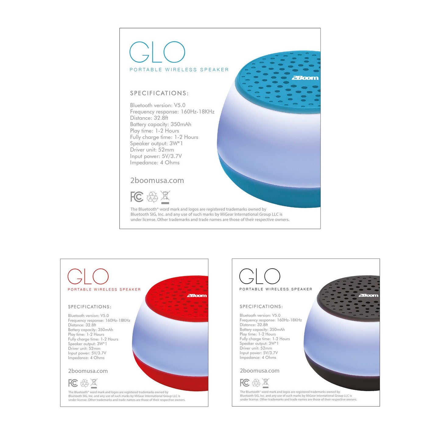 2Boom GLO Wireless Portable Speaker, 4.35-in. (Pack of 9)