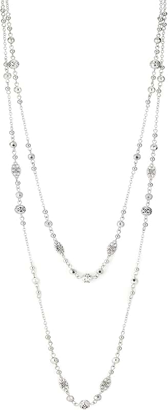 Long Beaded Silver Necklace for Women