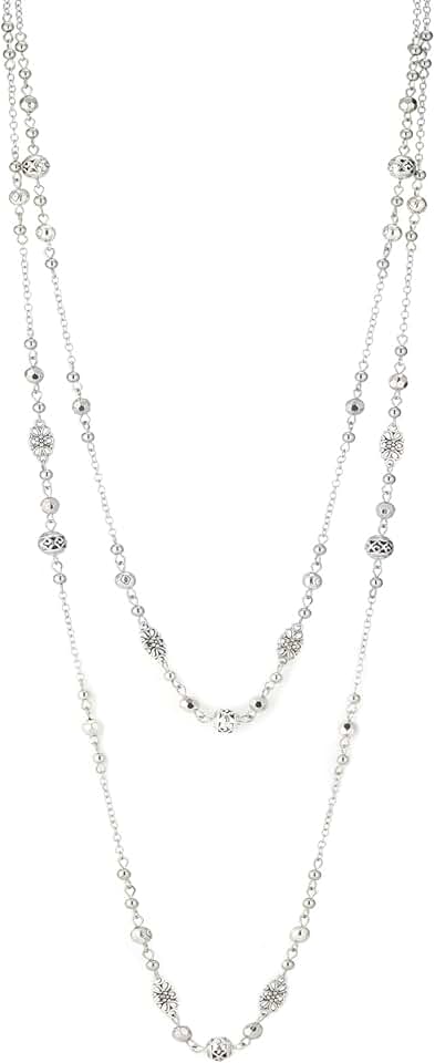 Long Beaded Silver Necklace for Women