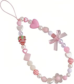 Pink Strawberry Beaded Phone Strap and Wristlet