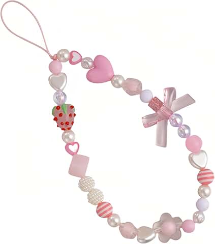 Pink Strawberry Beaded Phone Strap and Wristlet