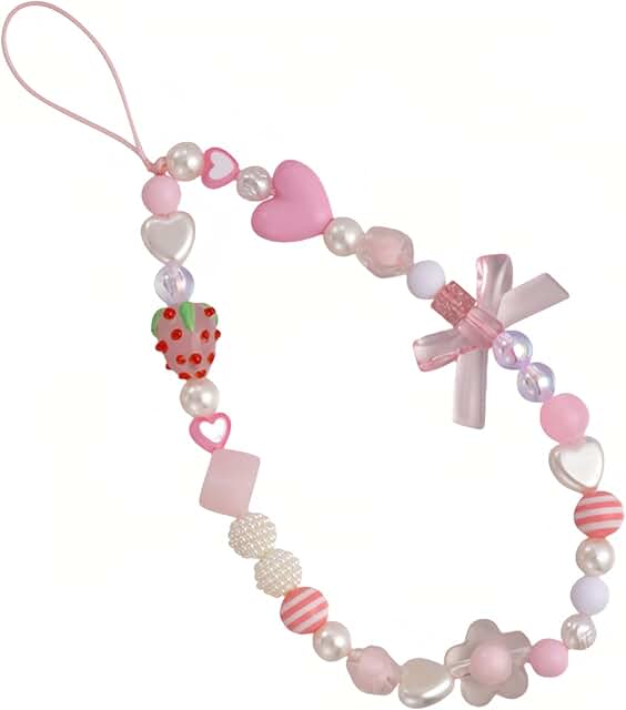 Pink Strawberry Beaded Phone Strap and Wristlet