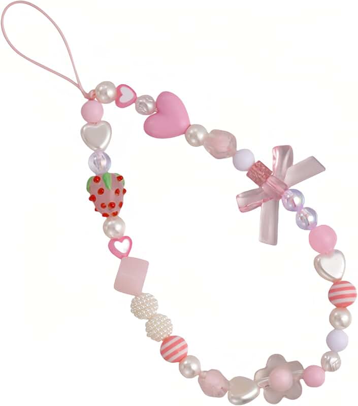 Pink Strawberry Beaded Phone Strap and Wristlet