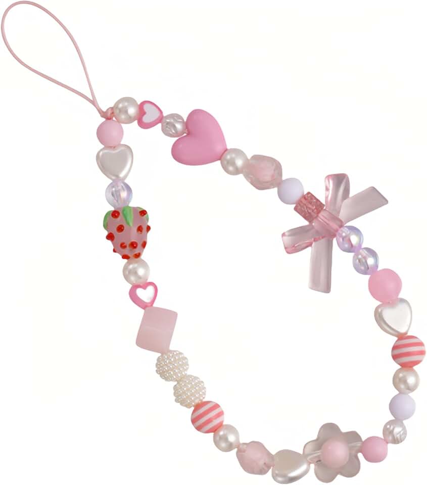 Pink Strawberry Beaded Phone Strap and Wristlet