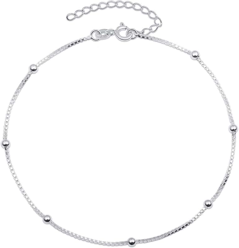 Sterling Silver Beaded Heart Anklet for Women