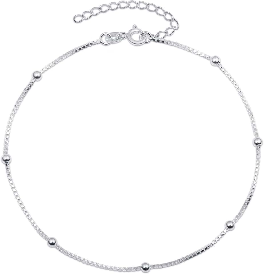 Sterling Silver Beaded Heart Anklet for Women
