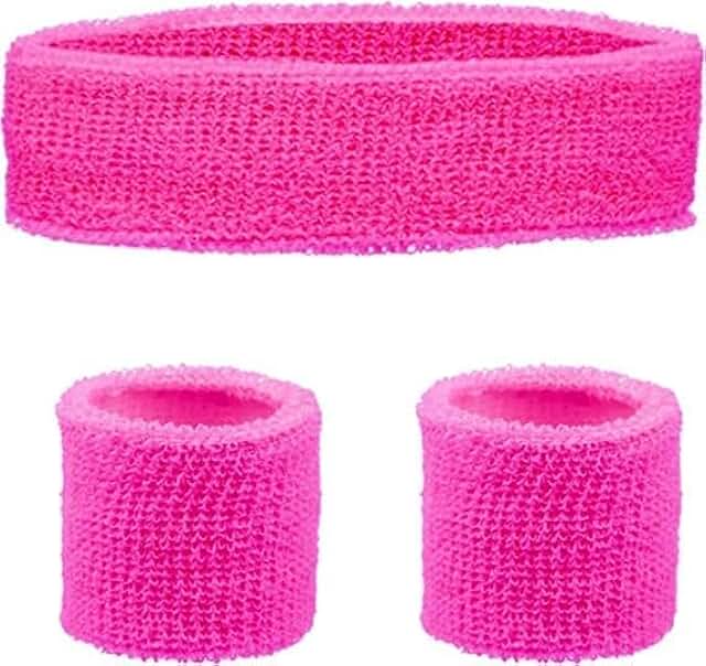Hot pink headband and wristband set for 80s costumes