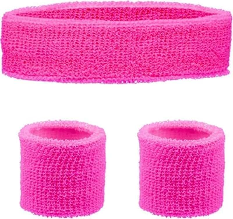 Hot pink headband and wristband set for 80s costumes