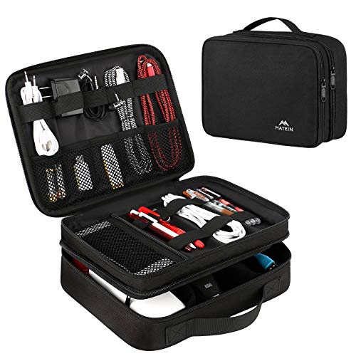 Electronics Travel Organizer, Water Resistant Electronic Accessories Case with Handle, Portable Tech Travel Gifts for Men Double Layer Cable Storage Bag for Cord, Charger, Ipad Mini, Black