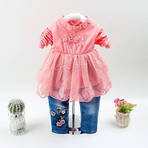 Baby&Little Girls Outfits 3pcs Sets Denim Jacket Long Sleeve Lace Skirt and Jeans (1-2Y, Orange)