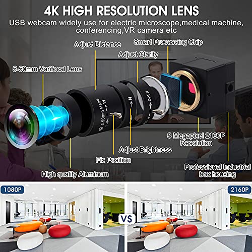4K USB Camera,2160P Ultra HD 5-50mm Wide Screen Varifocal Lens with Sony IMX415 Sensor,USB2.0 Plug&Play for Live Streaming Webcam PC Cam (5-50mm Varifocal Lens)