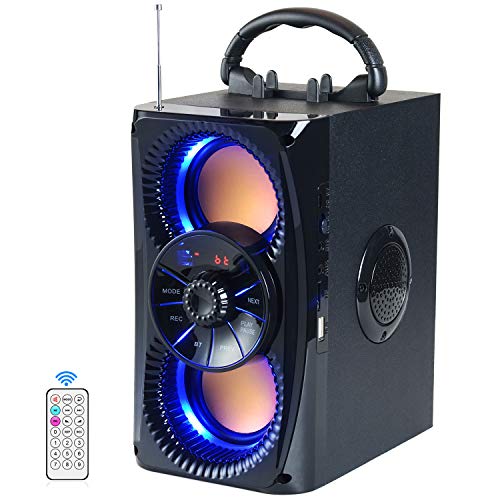 Bluetooth Speaker, Portable Wireless Speakers with Lights, 2 Double Subwoofer Heavy Bass, 2 Loud Speaker, FM Radio, SD Player, Remote, Suitable for Travel, Indoor and Outdoor