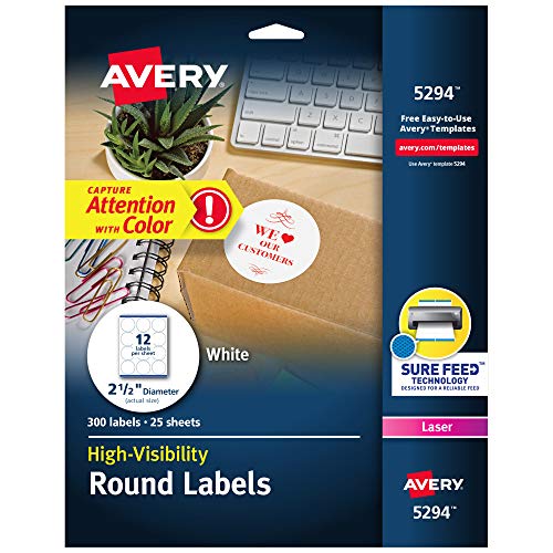 High Visibility Printable Round Labels with Sure Feed, 2.5" Diameter, White, 300 Customizable Blank Labels Total (5294)