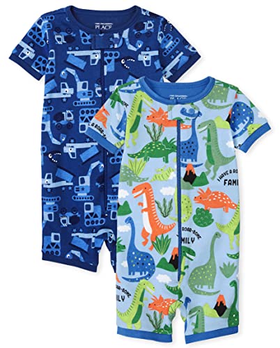The Children s  Baby and Toddler Boy Snug Fit Cotton Zip-Front One Piece Pajama, Dino Truck-2 Pack, 3-6 Months