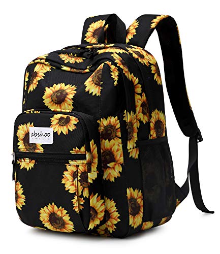 Classical Basic Womens Sunflower School Backpack For College Teen Girls Water Resistant Bookbag (Sunflower Black)