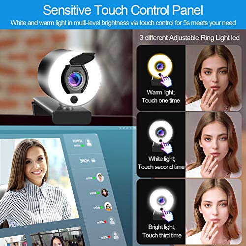 Webcam with Ring Light, 2021 Premium Computer Camera with Microphone, Camera for Computer , Plug and Play, Advanced autofocus Adjustable Brightness,Privacy Protection
