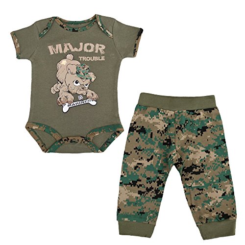 Marine 2 Pc Major Trouble Woodland Bodysuit and Pant Set  3-6  Green