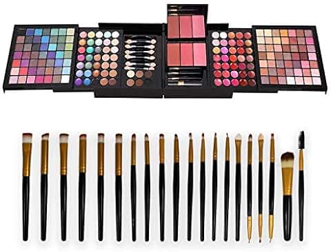 Teen beginner makeup kit with 177-color eyeshadow, lipstick, blush, foundation, eyebrow powder, mirror, and 20 brushes