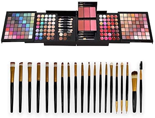 Teen beginner makeup kit with 177-color eyeshadow, lipstick, blush, foundation, eyebrow powder, mirror, and 20 brushes
