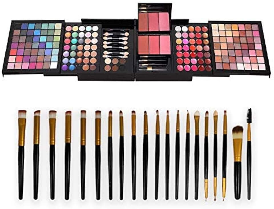 Teen beginner makeup kit with 177-color eyeshadow, lipstick, blush, foundation, eyebrow powder, mirror, and 20 brushes