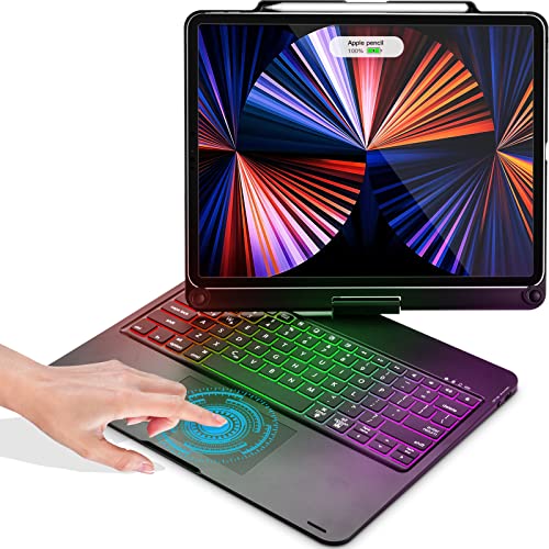 iPad Pro 12.9 inch 5th Generation 2021 Case with Keyboard and Touchpad, Compatible with iPad Pro 12.9-inch 4th Gen 2020 / 3rd Gen 2018, Wireless Apple Pencil Charging, Rainbow Backlights - Black