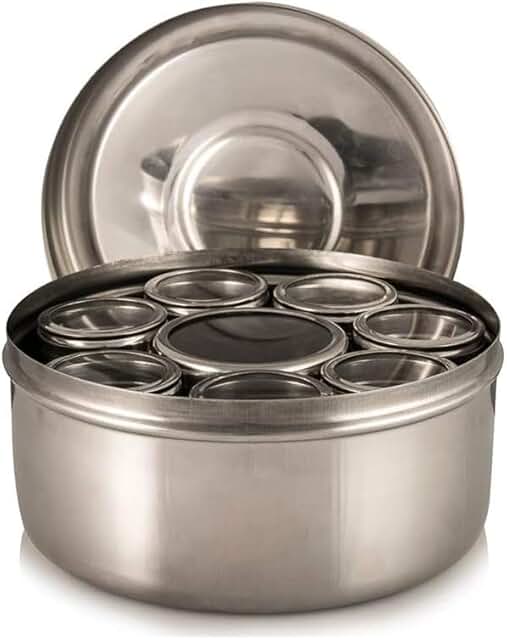 Stainless Steel Spice Container with 8 Pots and Lid