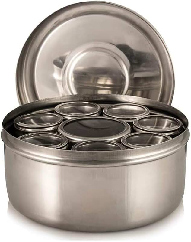 Stainless Steel Spice Container with 8 Pots and Lid