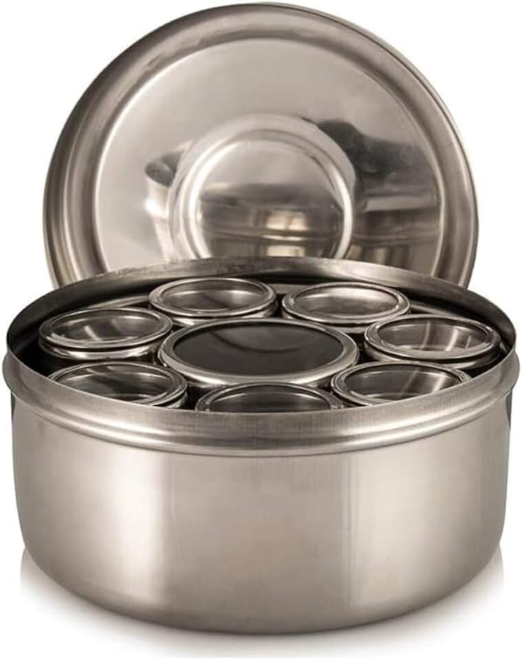 Stainless Steel Spice Container with 8 Pots and Lid