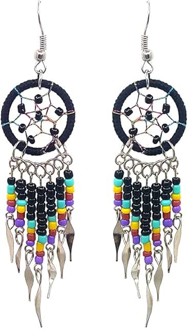 Native American Style Dream Catcher Earrings with Beads and Dangles