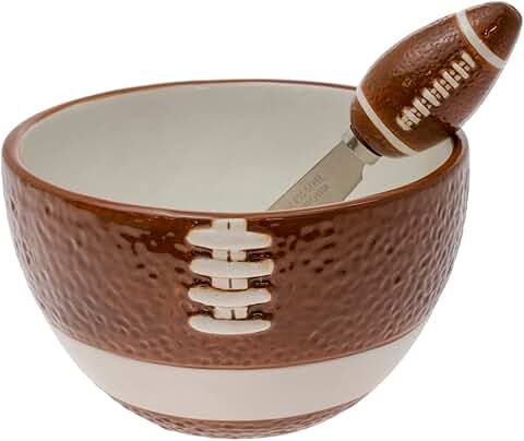 Football-themed ceramic bowl and spreaders, 5 inches
