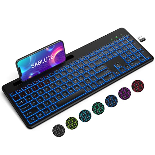 Bluetooth Keyboard, Rechargeable Keyboard with 7 Colored LED Backlights, Phone Holder, Multi-Device Silent Light Up Keyboard for iPad, iPhone, Mac, iOS, Windows, Android, Laptop, PC Tablet by