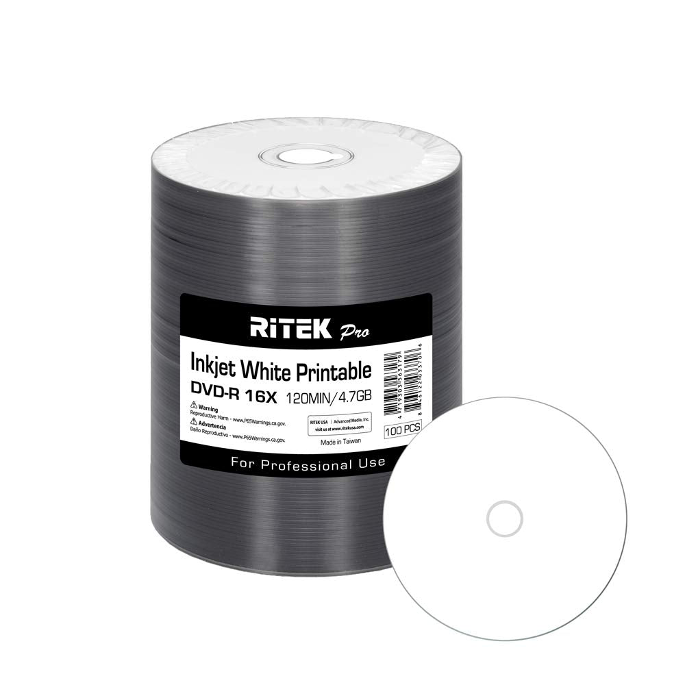 100 Pack (Professional Grade) DVD-R 16X 4.7GB AZO Dye (MID MXL RG04) White Inkjet Hub Printable Blank Media Recordable Disc