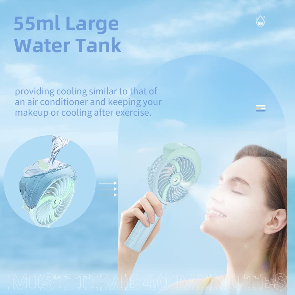Portable Misting Fan, 55ml Large Water Tank, Rechargeable Handheld Personal Mister Fan, Battery Operated Water Spray Mist Fan, 180Foldable, for Travel, Camping, Outdoors, Makeup(Green)