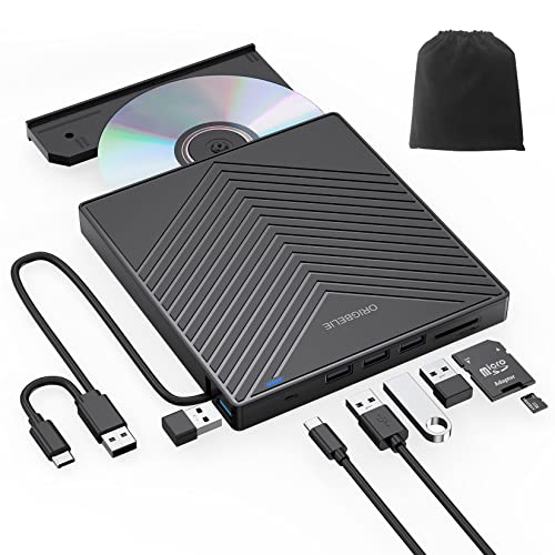External CD DVD Drive, Ultra Slim CD Burner USB 3.0 with 4 USB Ports and 2 TF/SD Card Slots, Optical Disk Drive for Laptop Mac, PC Windows 11/10/8/7 Linux OS