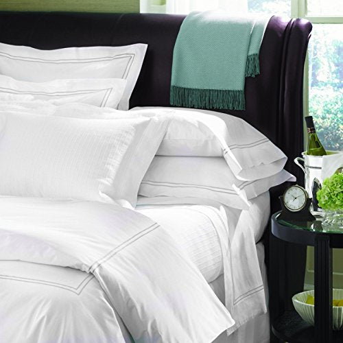 Grande Hotel Sheets  Sheet Set  Twin XL, White/White, Italian Woven Cotton Percale Fabric Hotel Style Bedding, Double Row Stitch Embroidery On Sheets  Pillowcases