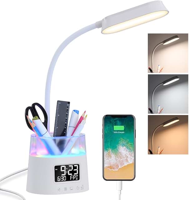 LED Desk Lamp with Pen Holder, USB, Clock, and Night Light