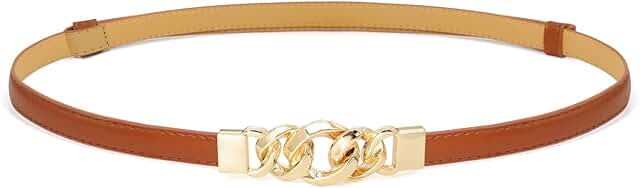 Women’s Thin PU Leather Waist Belt with Gold Buckle