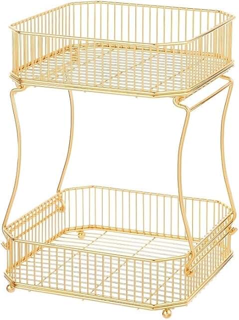 Two-Tier Gold Metal Fruit and Snack Basket Organizer