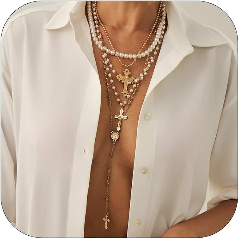 Layered Pearl Cross Necklace for Women