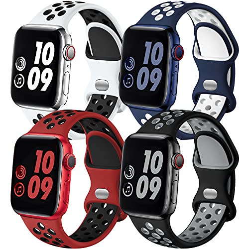 Compatible with Apple Watch Band 45mm 44mm 42mm SE iWatch Series 8 7 6 5 4 3 2 1 for Women Men, Breathable Sport Silicone Replacement Strap, Blue White/White Black/Black Gray/Red Black, M/L