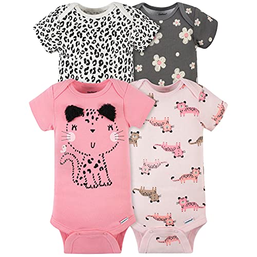 Baby Girls' 4-Pack Short Sleeve Onesies Bodysuits, Leopard Pink, 3-6 Months